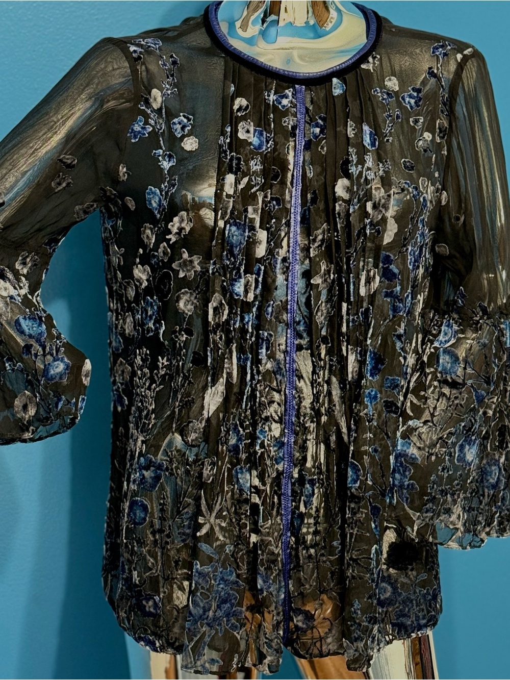 Sheer Black Tunic with Velvet Flowers and - Blue Accents